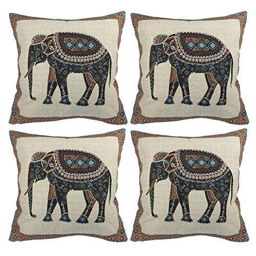 Aeromdale Kissenbezug, indischer Tapisserie, Elefant, 45 x 45 cm, Sofa-Überwurf, Kissenbezug, 45,7 x 45,7 cm, Baumwollleinen, Kissenbezug, Auto, Heimdekoration, 4 Stück/Set von Aeromdale