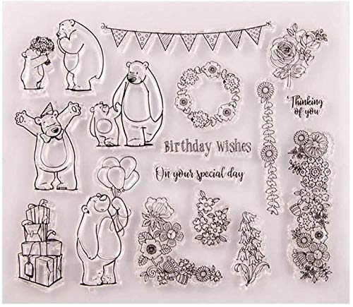 Aeromdale Transparenter Silikon-Stempel-Siegelbogen – kleiner Bär, Blume, Kranz, Muster, Prägung, Stempel, transparente Dichtung für DIY Scrapbook Fotoalben Kartenherstellung Kunst Handwerk von Aeromdale
