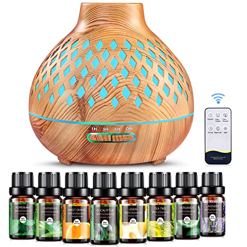 Aeshory Aroma Diffuser mit 8 x 10ml Ätherische Öle, 400ml Ultraschall Aromatherapie Diffuser Luftbefeuchter, Fernbedienung, 7 Farben LED, 4 Timer, BPA-frei, Ultra Leise, Automatische Abschaltung von Aeshory