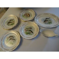 14-Teiliges Fisch-Service 4 Verschiedenen Dekore Val De Loire Gebrauchsspuren Frankreich Vintage von AetBBrocante