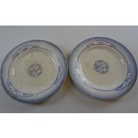 2Er Set Teller Blaues Dekor Digoin Sarreguemines Arroux Patina Jugendstilmuster Frankreich von AetBBrocante