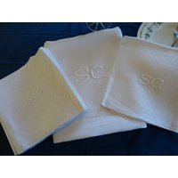 Set Tischwäsche Aus Frankreich, Tischdecke Und 6 Servietten Mit Monogramm Sg, Damast, Leinen von AetBBrocante