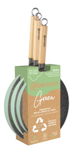 Aeternum Green Induction Wood, zwei antihaftbeschichtete Pfannen, geeignet für Induktion, Griffe aus Buchenholz, Durchmesser 20 cm - 24 cm - 28 cm, 100% recycelbare Materialien, Grün von Aeternum