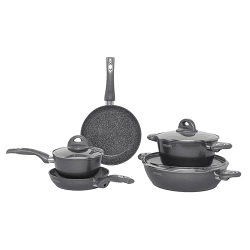 Aeternum, Petragres Ecosolution Topfset 8-teilig, 2 Pfannen 20-24 cm, 2 Kasserollen 16-20 cm, 1 Topf 28 cm, 3 Deckel 16-20-28 cm, Full Induction, induktionsgeeignet, Riv. PFAS FREE, Dunkelgrau von Aeternum