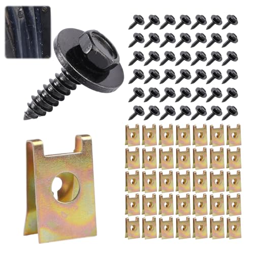 100 Stück Karosserieschrauben, 50 Sätze Blechmutter Schraube Mutter Clip Kit, U-Typ Blechmuttern, Schnappmutter, Haltbarkeit, Ideal für Stoßstangen,Kotflügeln,Motorabdeckungen und Spritzschutzblechen von AetherAurora