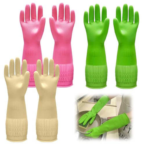 3 Paar Wiederverwendbare Haushaltshandschuhe Naturlatex 38cm Lang Größe M mit Rutschfestem Griff Wasserdicht Ölbeständig und Langlebig Elastizität Ideal für Küche, Bad, Garten und Autopflege (Bunte) von AetherAurora