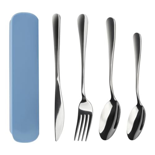 4 Stück Reisebesteck mit Etui Reisebesteck Camping mit Messer, Gabel, 2 Löffel Edelstahl Campingbesteck Set Tragbare Besteck für Unterwegs Spülmaschinengeeignet für Reisen, Schule, Arbeit, Picknick von AetherAurora
