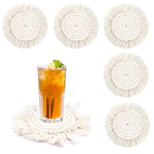 5 Stück Handgemachte Makramee Untersetzer für Getränke Saugfähig,19cm Untersetzer Boho,Rund Handgefertigte Baumwolluntersetzer,Böhmischer Stil rutschfeste Wiederverwendbare Cup-Matte fur Trinkgläser von AetherAurora
