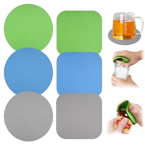 6 Stück Gummi Glasöffner Greifer Pads, Rutschfester Wärmedämmung Pads Untersetzer, Wiederverwendbarer Mehrzweck Flaschendeckelöffner, Greifer für Senioren Schwache Hände (Hellblau, Grün, Grau) von AetherAurora