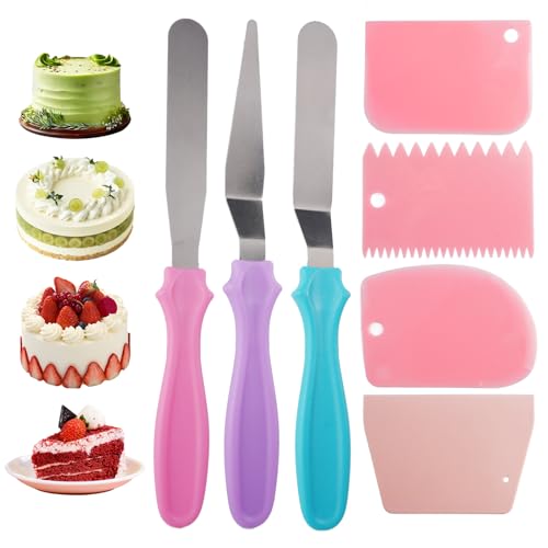 7 Stück Winkelpalette Edelstahl Set, Streichpalette für Torten, Winkelpalette Torte Set, Inklusive 3 Stück Kuchenpalette und 4 Stück Smoother, für Einstreichen Torten, Backe, Gebäck, Dekorieren von AetherAurora