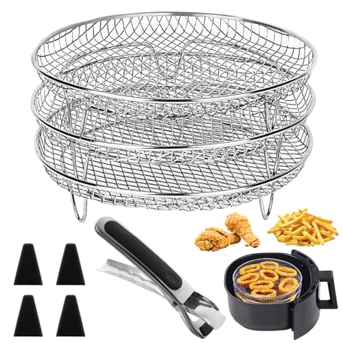 Stapelbare Körbe für Air Fryer Racks Edelstahl Air Fryer Korb Tray 3 Stück 20cm Runder Heißluftfritteusen-rack Mit 4 Silikonfüßen 1 Pinzette, für Ofen, Mikrowelle, Backen, Braten von AetherAurora
