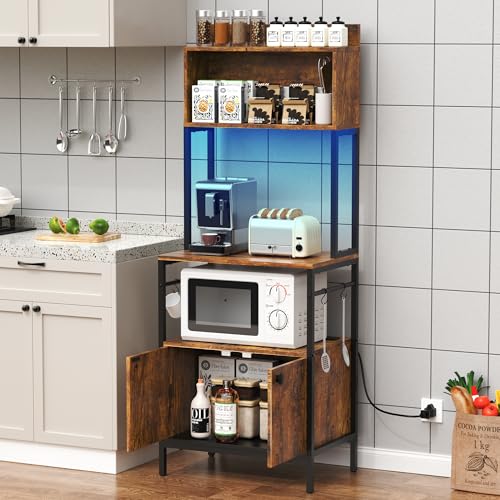 Aetheris Kaffee-Bar-Station mit 5 Etagen, mit LED-Lichtern, Küchenregal mit Schrank, Bäckerregal mit Steckdose, Mikrowellenständer mit 4 S-förmigen Haken, Bäckerregale für Küche, rustikales Braun von Aetheris