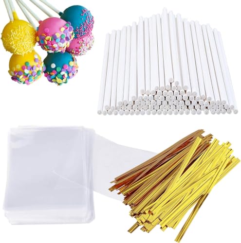 Aetubree 300 Cake Pop Stiele und Wrappers Kit, einschließlich 100 Stück 15 cm CakePop Stiele Papier, 100 Stück klare Candy Tüten, 100 Stück Gold Twist Bänder für Cakepops, Lollipop Stiele Aetubree 300 Cake Pop Stiele und Wrappers Kit, einschließlich 100 Stück 15 cm CakePop Stiele Papier, 100 Stück klare Candy Tüten, 100 Stück Gold Twist Bänder für Cakepops, Lollipop Stiele von Aetubree