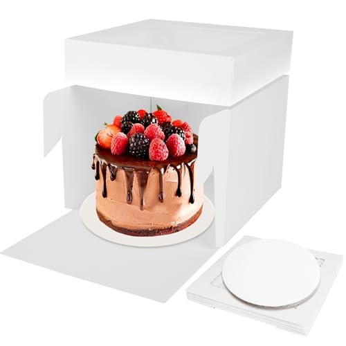 Aevcvok 5 Sets Kuchenbox 25,4x25,4x20,3cm, 5 Stk Kuchenschachtel, Tortenbox Hoch mit Tortenbrett und Sichtfenster, Cake Box, Torten Verpackung, Kuchen Transportbox Pappe - 10x10x8inch, Weiß von Aevcvok