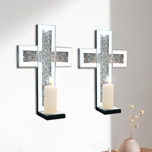 Aeveco 2er Set Silber Crushed Kristall Wandkerzenhalter Wanddeko für Wohnzimmer Esszimmer (Silbernes Kreuz) von Aeveco