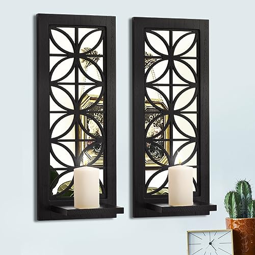 Aeveco Wandspiegel Kerzenleuchter 2er Set Deko Holz Kerzenhalter Rustikale Kerzenleuchter Wohnzimmer Wanddekoration (Schwarz (Stil 1)) von Aeveco