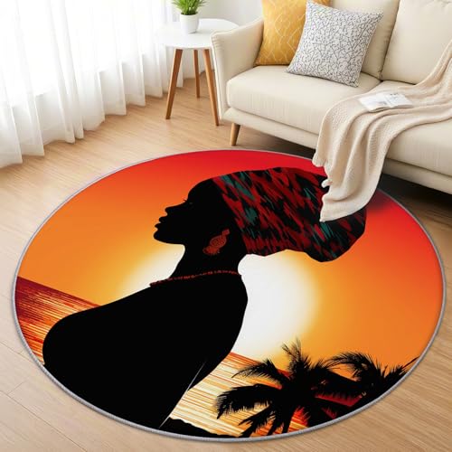 AevuCub Afrikanische Frau Teppich Rund 90 cm Kurzflor - Waschbare Teppiche Wohnzimmer Afrika Style - Runder Teppich 90 Durchmesser Kinderzimmer - Bettvorleger Schlafzimmer rutschfest Weich von AevuCub