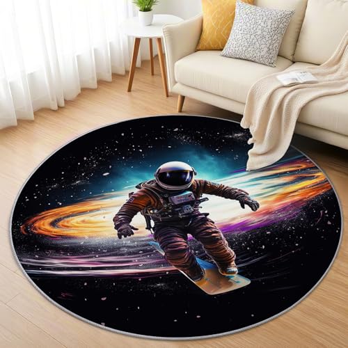 AevuCub Astronaut Teppich Rund 120cm Kurzflor - Waschbare Teppiche Wohnzimmer Skateboard Jungen Galaxie - Runder Teppich 120 Durchmesser Kinderzimmer - Bettvorleger Schlafzimmer rutschfest Weich von AevuCub