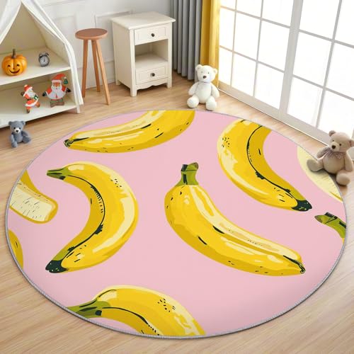 AevuCub Banane Teppich Rund 150cm Kinderzimmer - Waschbare Teppiche Wohnzimmer Obst Thema - Runder Teppich 150 Durchmesser - Bettvorleger Schlafzimmer rutschfest Weich von AevuCub