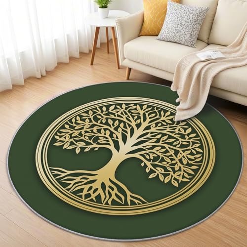 AevuCub Baum des Lebens Teppich Rund 200cm Kurzflor - Waschbare Teppiche Wohnzimmer Grün Gold Lebensbaum - Runder Teppich 200 cm Durchmesser Kinderzimmer - Bettvorleger Schlafzimmer rutschfest Weich von AevuCub
