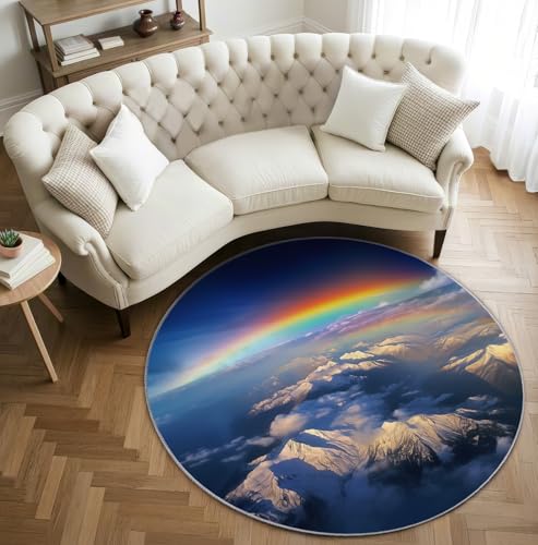 AevuCub Berge Regenbogen Teppich Rund 150cm Kinderzimmer - Waschbare Teppiche Wohnzimmer Natur Landschaft - Runder Teppich 150 Durchmesser - Bettvorleger Schlafzimmer rutschfest Weich von AevuCub