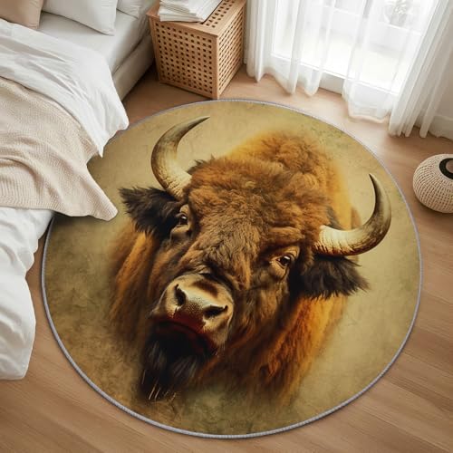 AevuCub Bison Teppich Rund 160 Kurzflor - Waschbare Teppiche Wohnzimmer Westerntiere - Runder Teppich 160 Durchmesser Kinderzimmer - Bettvorleger Schlafzimmer rutschfest Weich von AevuCub
