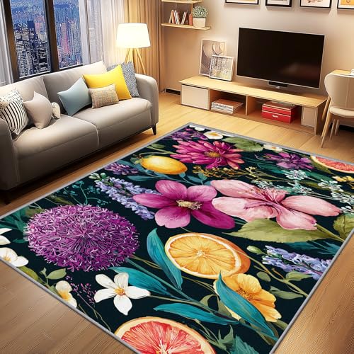 AevuCub Blumen Bunt Deko, Obst Zitronen Teppich 60x90 Kurzflor, Kleiner Teppich Wohnzimmer Botanisch, Weich rutschfest Waschbare Teppiche, Bettvorleger Schlafzimmer Kinderzimmer von AevuCub