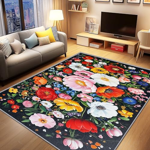 AevuCub Blumen Bunt Deko, Peony Floral Teppich 160x230 Kurzflor, Großer Teppich Wohnzimmer Wildblumen Pflanzen, Weich rutschfest Waschbare Teppiche, Bettvorleger Schlafzimmer Kinderzimmer von AevuCub
