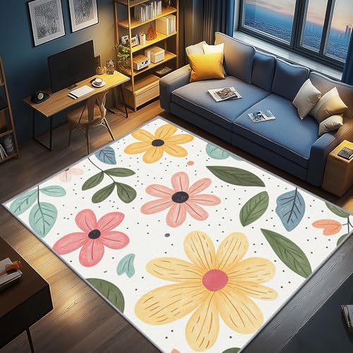 AevuCub Blumen Deko, Niedliche Blumen Teppich 140x200 Kurzflor, Teppich Wohnzimmer Botanische Kinder, Weich rutschfest Waschbare Teppiche, Bettvorleger Schlafzimmer Kinderzimmer von AevuCub