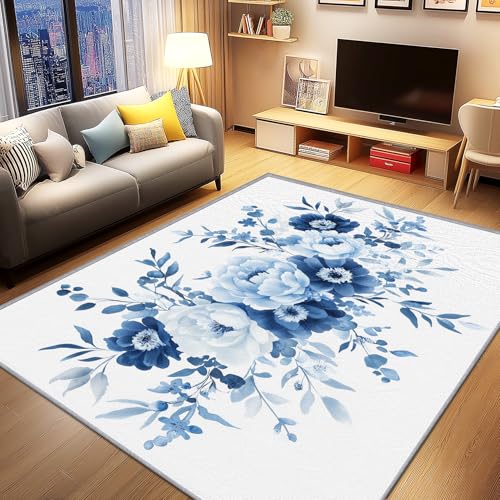 AevuCub Blumen Deko, Peony Floral Teppich 120x160 Kurzflor, Teppich Wohnzimmer Vintage Blumen, Weich rutschfest Waschbare Teppiche, Bettvorleger Schlafzimmer Kinderzimmer von AevuCub