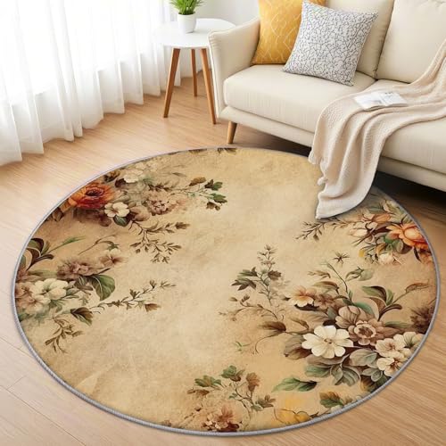 AevuCub Blumen Vintage Teppich Rund 120cm Kurzflor - Waschbare Teppiche Wohnzimmer Blumen Shabby Chic - Runder Teppich 120 Durchmesser Kinderzimmer - Bettvorleger Schlafzimmer rutschfest Weich von AevuCub