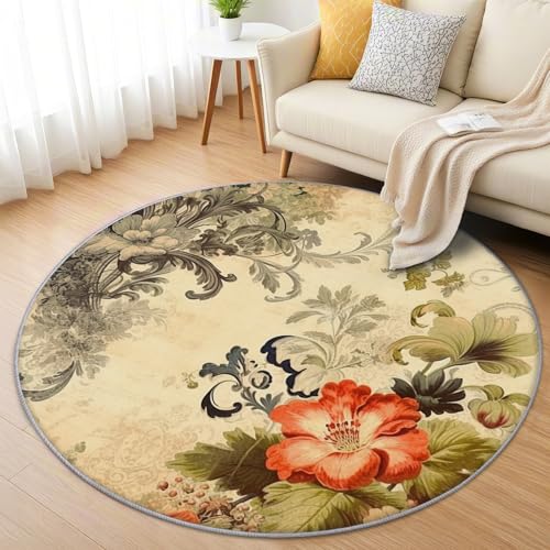 AevuCub Blumen Vintage Teppich Rund 150cm Kinderzimmer - Waschbare Teppiche Wohnzimmer Shabby Chic Blumenmuster - Runder Teppich 150 Durchmesser - Bettvorleger Schlafzimmer rutschfest Weich von AevuCub