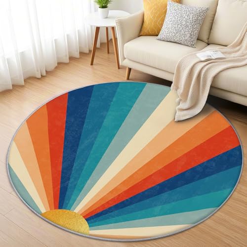 AevuCub Böhmen Teppich Rund 150cm Kinderzimmer - Waschbare Teppiche Wohnzimmer Vintage Retro Stil Bunt Geometrische - Runder Teppich 150 Durchmesser - Bettvorleger Schlafzimmer rutschfest Weich von AevuCub