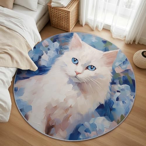 AevuCub Cat Teppich Rund 120cm Kurzflor - Waschbare Teppiche Wohnzimmer Süßer Katze Kinder - Runder Teppich 120 Durchmesser Kinderzimmer - Bettvorleger Schlafzimmer rutschfest Weich von AevuCub