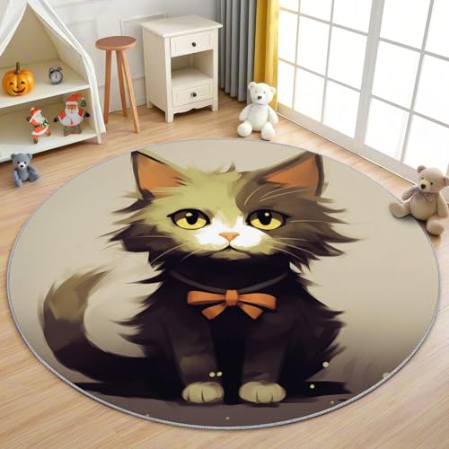 AevuCub Cat Teppich Rund 150cm Kinderzimmer - Waschbare Teppiche Wohnzimmer Niedliche Cartoon Katze - Runder Teppich 150 Durchmesser - Bettvorleger Schlafzimmer rutschfest Weich von AevuCub