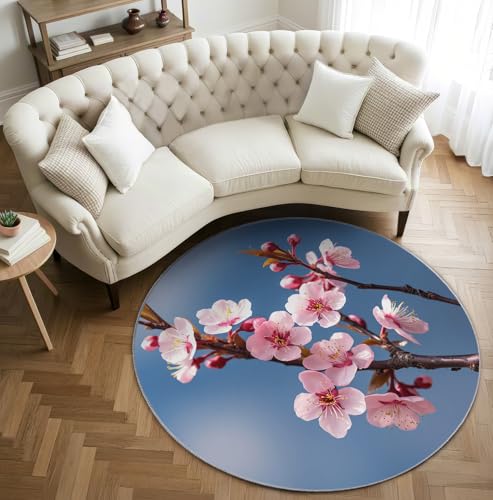 AevuCub Cherry Blossoms Teppich Rund 60 cm Kurzflor - Waschbare Teppiche Wohnzimmer Rosa Blumen - Runder Teppich 60 cm Durchmesser Kinderzimmer - Bettvorleger Schlafzimmer rutschfest Weich von AevuCub