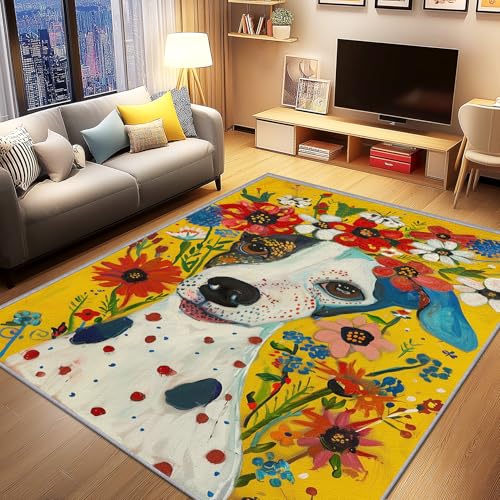 AevuCub Dalmatiner Deko, Hund Modern Blumen Teppich 120x170 Kurzflor, Teppich Wohnzimmer Dalmatiner, Weich rutschfest Waschbare Teppiche, Bettvorleger Schlafzimmer Kinderzimmer von AevuCub