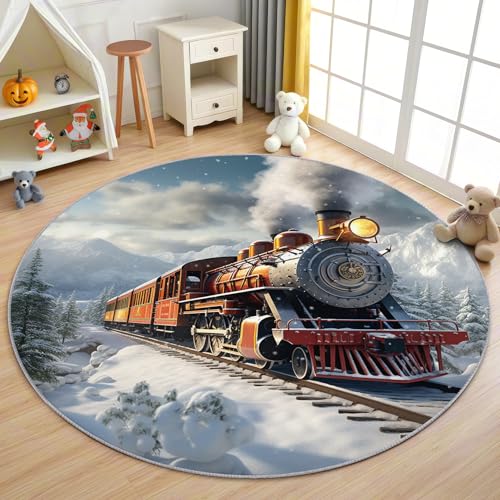 AevuCub Dampfzug Teppich Rund 160 Kurzflor - Waschbare Teppiche Wohnzimmer Vintage Zug Kinder - Runder Teppich 160 Durchmesser Kinderzimmer - Bettvorleger Schlafzimmer rutschfest Weich AevuCub Dampfzug Teppich Rund 160 Kurzflor - Waschbare Teppiche Wohnzimmer Vintage Zug Kinder - Runder Teppich 160 Durchmesser Kinderzimmer - Bettvorleger Schlafzimmer rutschfest Weich von AevuCub