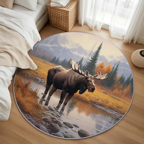 AevuCub Elk Teppich Rund 160 Kurzflor - Waschbare Teppiche Wohnzimmer Waldtier - Runder Teppich 160 Durchmesser Kinderzimmer - Bettvorleger Schlafzimmer rutschfest Weich AevuCub Elk Teppich Rund 160 Kurzflor - Waschbare Teppiche Wohnzimmer Waldtier - Runder Teppich 160 Durchmesser Kinderzimmer - Bettvorleger Schlafzimmer rutschfest Weich von AevuCub