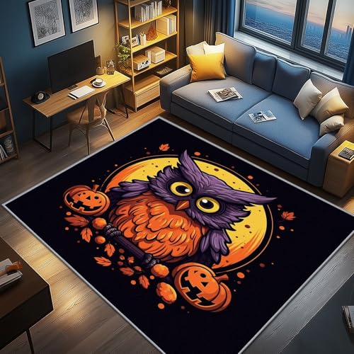 AevuCub Eule Deko, Halloween Eulenmotiv Teppich 50x80 Kurzflor, Kleiner Teppich Wohnzimmer Kürbis Laterne, Weich rutschfest Waschbare Teppiche, Bettvorleger Schlafzimmer Kinderzimmer von AevuCub