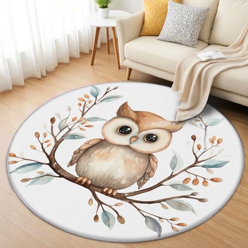 AevuCub Eule Teppich Rund 100cm Kurzflor - Waschbare Teppiche Wohnzimmer Kinder Eulenmotiv - Runder Teppich 100cm Durchmesser Kinderzimmer - Bettvorleger Schlafzimmer rutschfest Weich von AevuCub