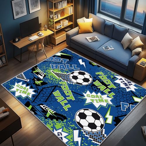 AevuCub Fußball Deko, Jungen Sport Teppich 100x150 Kurzflor, Teppich Wohnzimmer Kinder, Weich rutschfest Waschbare Teppiche, Bettvorleger Schlafzimmer Kinderzimmer von AevuCub