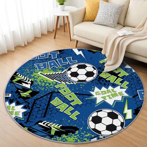 AevuCub Fußball Teppich Rund 100cm Kurzflor - Waschbare Teppiche Wohnzimmer Jungen Sport - Runder Teppich 100cm Durchmesser Kinderzimmer - Bettvorleger Schlafzimmer rutschfest Weich von AevuCub