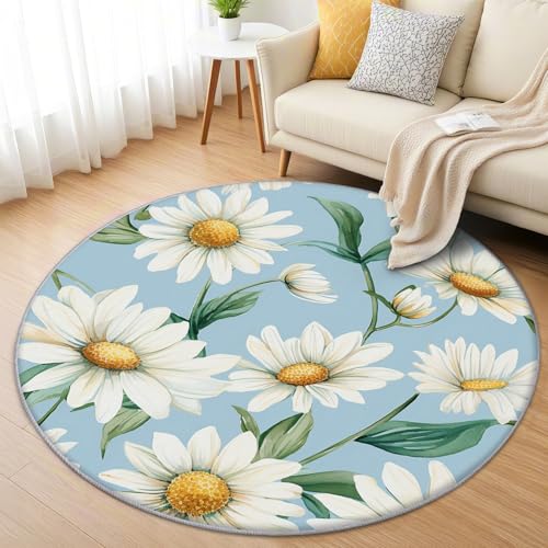 AevuCub Gänseblümchen Teppich Rund 120cm Kurzflor - Waschbare Teppiche Wohnzimmer Blumen - Runder Teppich 120 Durchmesser Kinderzimmer - Bettvorleger Schlafzimmer rutschfest Weich von AevuCub