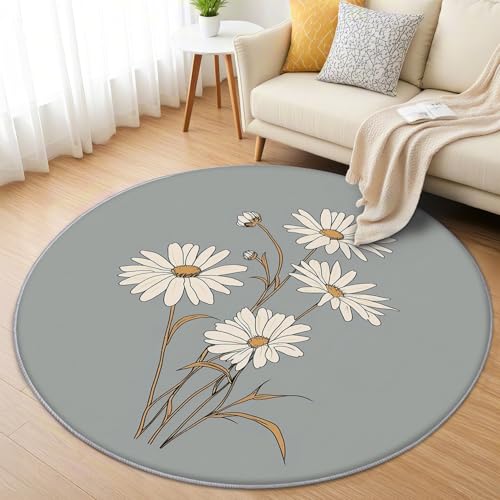 AevuCub Gänseblümchen Teppich Rund 60 cm Kurzflor - Waschbare Teppiche Wohnzimmer Weiß Blumen Botanische - Runder Teppich 60 cm Durchmesser - Bettvorleger Schlafzimmer rutschfest Weich von AevuCub