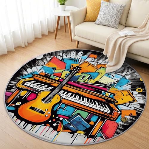 AevuCub Gitarre Teppich Rund 150cm Kinderzimmer - Waschbare Teppiche Wohnzimmer Klavier Musik Thema Jungen - Runder Teppich 150 Durchmesser - Bettvorleger Schlafzimmer rutschfest Weich AevuCub Gitarre Teppich Rund 150cm Kinderzimmer - Waschbare Teppiche Wohnzimmer Klavier Musik Thema Jungen - Runder Teppich 150 Durchmesser - Bettvorleger Schlafzimmer rutschfest Weich von AevuCub