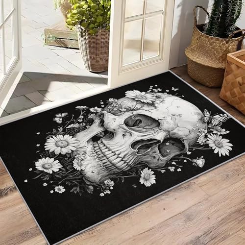 AevuCub Gothic Totenköpf Deko, Schädel Teppich 80x150 Kurzflor, Kleiner Teppich Wohnzimmer Vintage Blumen, Weich rutschfest Waschbare Teppiche, Bettvorleger Schlafzimmer Kinderzimmer von AevuCub