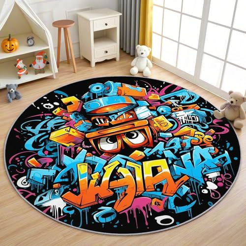 AevuCub Graffiti Teppich Rund 100cm Kurzflor - Waschbare Teppiche Wohnzimmer Bunte Hippie Jungen - Runder Teppich 100cm Durchmesser Kinderzimmer - Bettvorleger Schlafzimmer rutschfest Weich AevuCub Graffiti Teppich Rund 100cm Kurzflor - Waschbare Teppiche Wohnzimmer Bunte Hippie Jungen - Runder Teppich 100cm Durchmesser Kinderzimmer - Bettvorleger Schlafzimmer rutschfest Weich von AevuCub