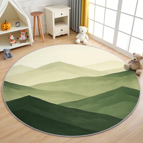 AevuCub Grün Ombre Teppich Rund 150cm Kinderzimmer - Waschbare Teppiche Wohnzimmer Natur Modern - Runder Teppich 150 Durchmesser - Bettvorleger Schlafzimmer rutschfest Weich von AevuCub