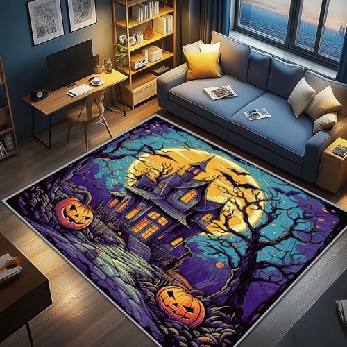 AevuCub Halloween Deko, Gruseliger Schloss Teppich 240x340 Kurzflor, Großer Teppich Wohnzimmer Kürbis Laterne, Weich rutschfest Waschbare Teppiche, Bettvorleger Schlafzimmer Kinderzimmer von AevuCub